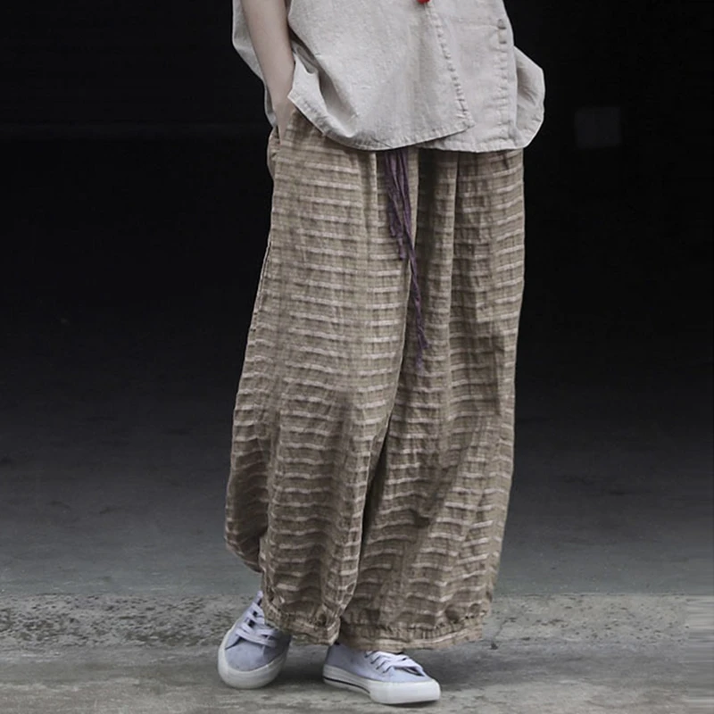 

Women Cotton Linen Casual Pants New 2025 Spring Vintage Style Striped Loose Comfortable Female Ankle-length Wide Leg Pants M1385