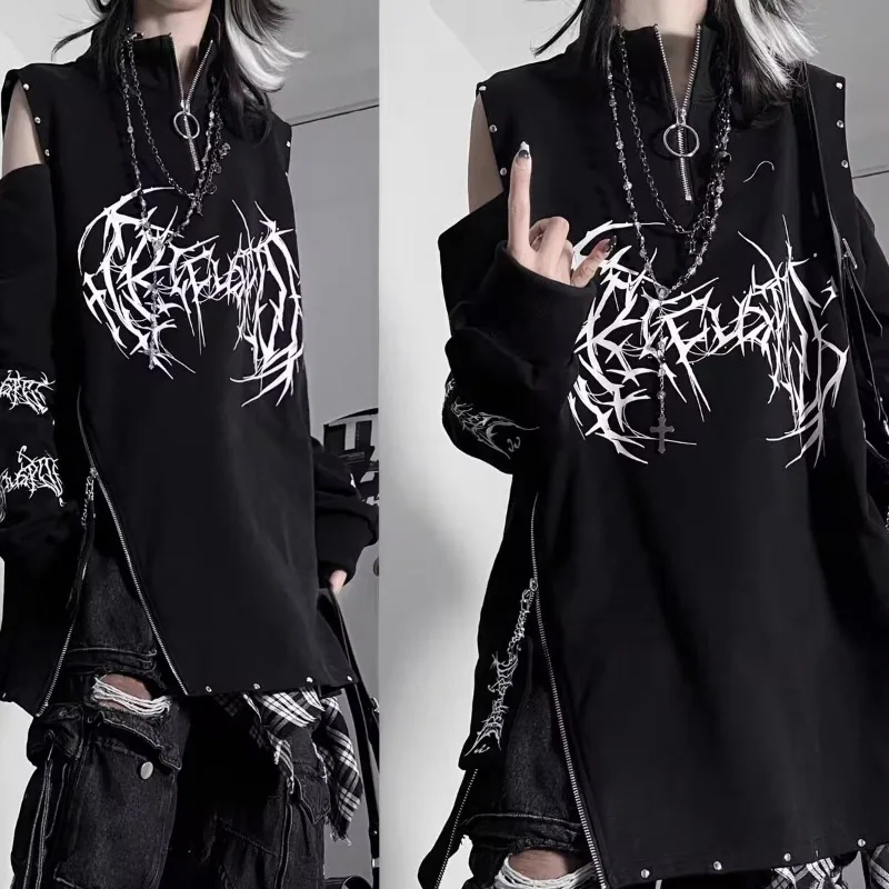 سلسلة Darkly القوطية طباعة ثقافة فرعية الشرير كم طويل فضفاض BF قبالة الكتف الجرافيك تي شيرت ربيع الخريف سستة تصميم القمم