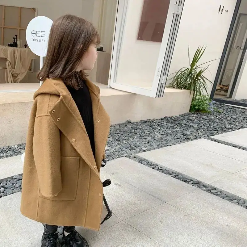 

children's woolen coat autumn and winter new item girls' hooded solid color coat baby medium long woolen coat Korean