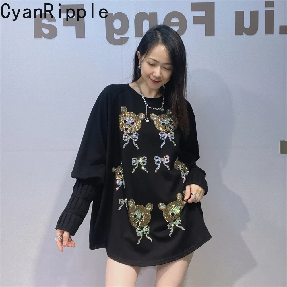 2026 New Spring Autumn Oversize Round Neck Pullover Top Cute Bear Hot Diamonds Mid-long Hoodie Patchwork Long Sleeve T-shirt