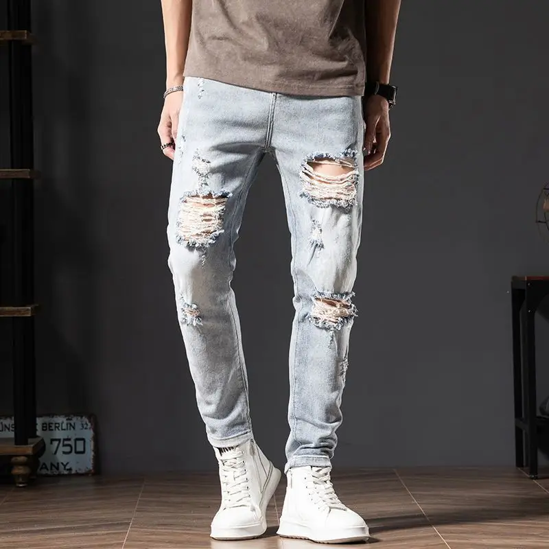 

Beggar Streetwear Hole Slim Men Summer Korean Chic Small Feet Locomotive Light Blue Elastic Casual High Street Distressed Jeans