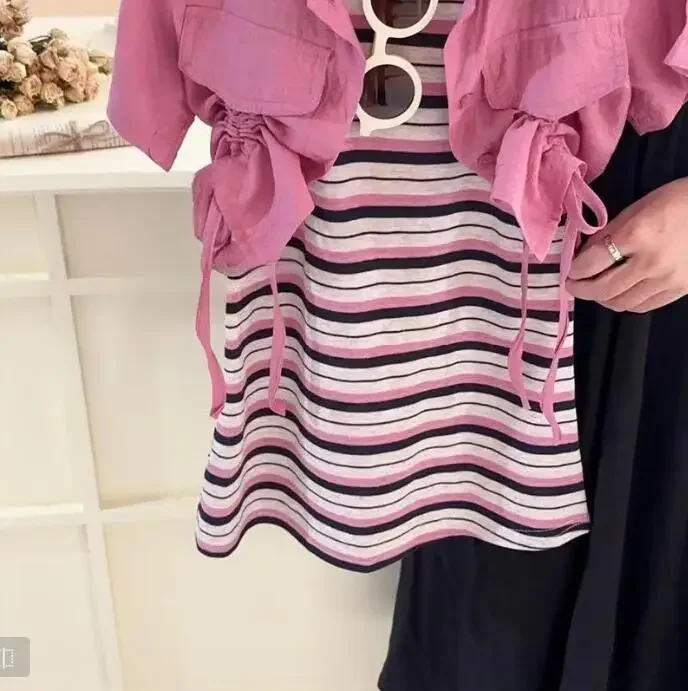 Korean Children Clothing 2024 Summer New Girls Striped Suspender Dress Thin Sun Protection Short Sleeved Shirt Two-piece Set