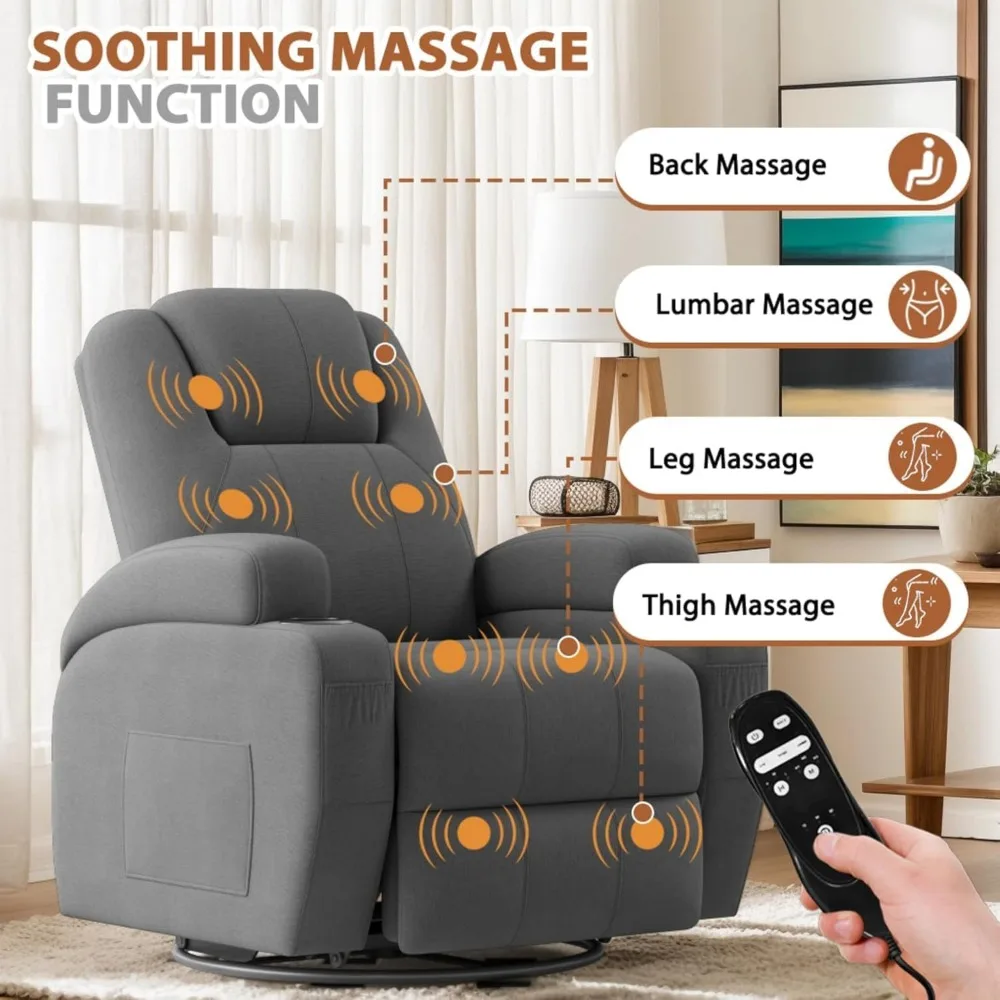Ergonomic Swivel Rocker Recliner with Vibration Massage for Adults - 360° Rotation Lounge Chair