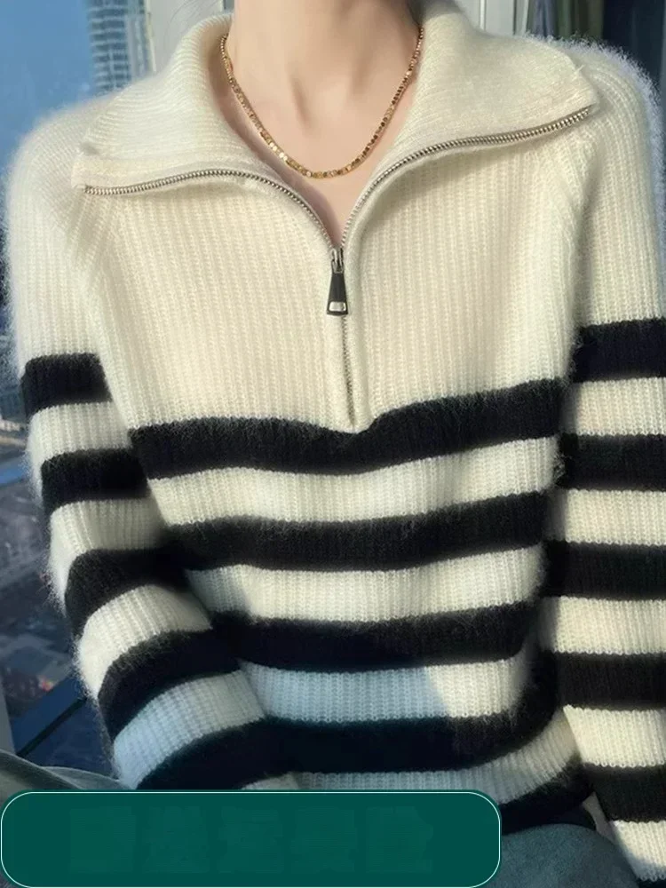 Women Velvet Striped Sweater White Turtleneck Half Zipper Stand Collar Thickened Angora Inner Wear Base Knit Cardigan Winter Top