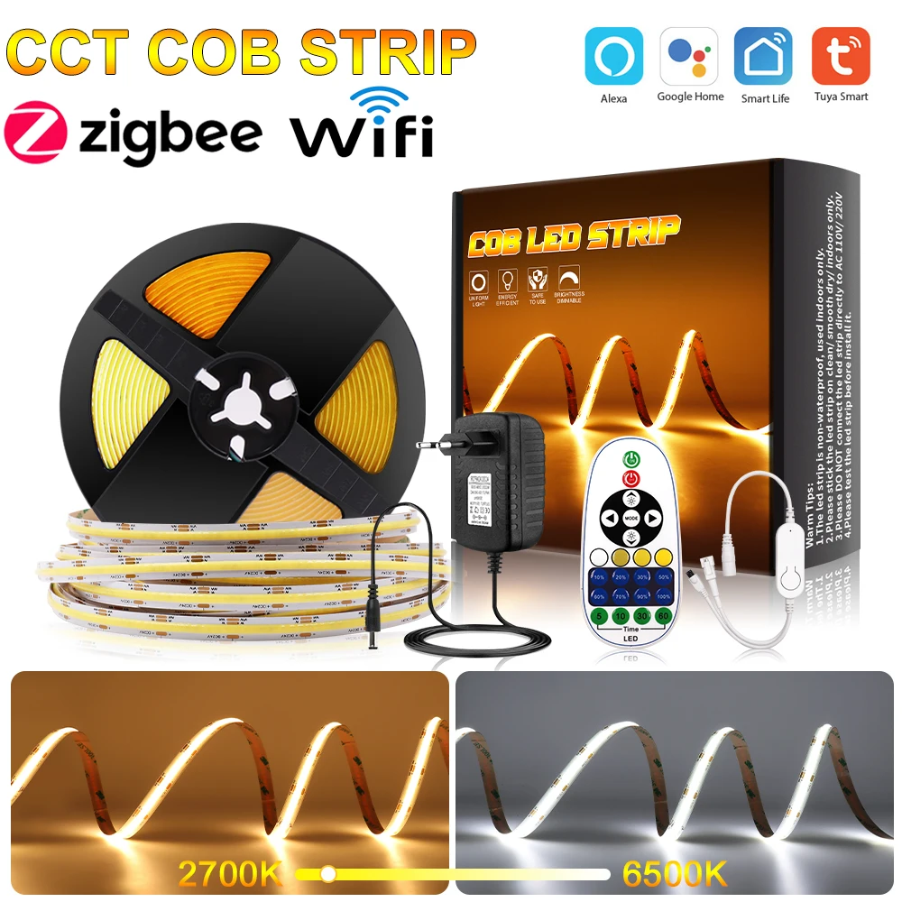 CCT LED Strip 24V COB Dimmer CCT Strip Light Tuya WiFi Tape LED Remote CCT Strip Work with Alexa Google Assistant Voice Control