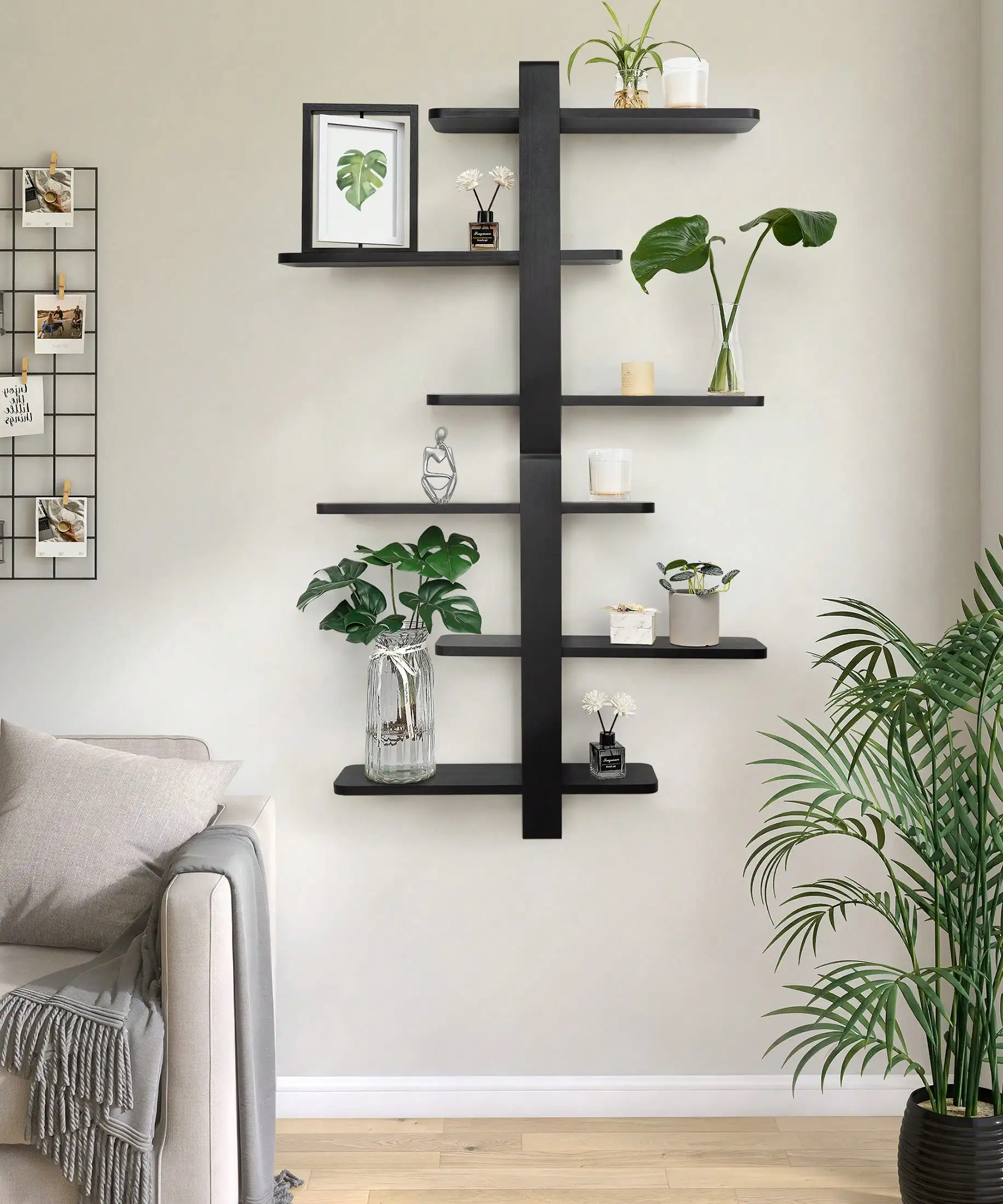 Black Floating Racks For Wall Mounted Shelving Unit All Pine Wood 3 Tier Large Shelf For Bedroom Living Room Office Bathroom Home Christmas Decor Storage Plant Photo Display 20in
