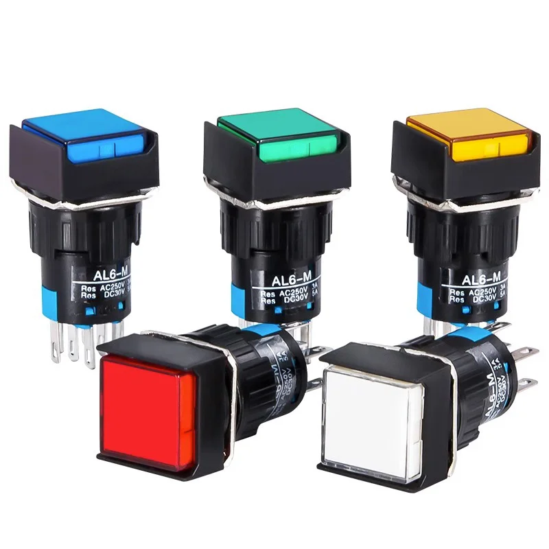 Interruptor de botón de encendido y apagado, iluminación LED momentánea, 5 piezas, 5V, 12V, 24V, 220V, 16MM, indicador de lámpara cuadrada