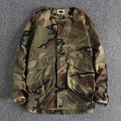 Autumn New Japanese Retro Woven Cargo Jacket Men's Fashion Military 100% Cotton Washed Old Double Pocket Collarless Casual Tops