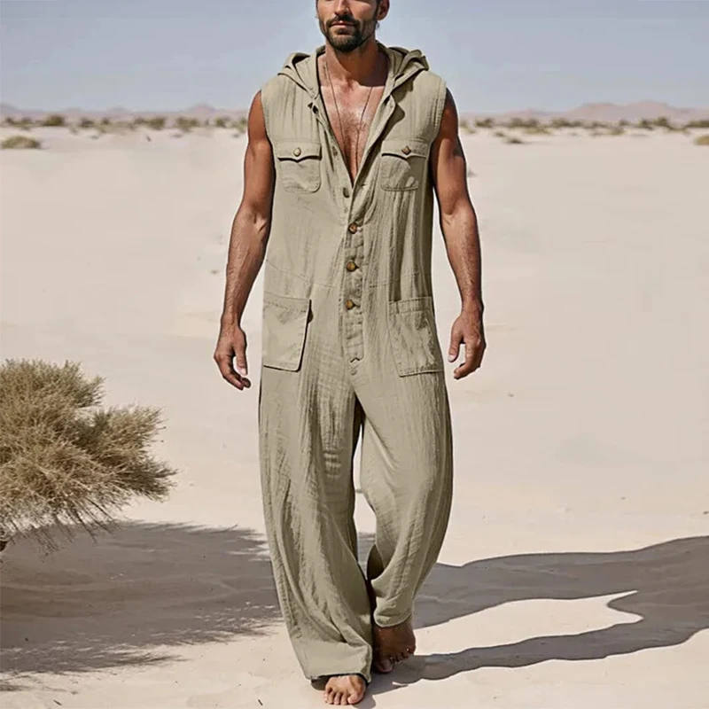 2025 Spring Summer Leisure Mens Jumpsuits Sleeveless Buttoned Hooded Romper Overalls For Men Vintage Solid Color Pants Playsuits