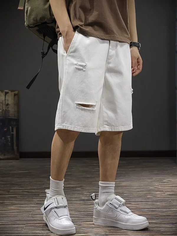 

Свободные белые рваные джинсовые орты, мужские повседневные брюки в американском стиле ретро с высокой талией и пятью ногами, молодежные летние брюки Vitali Sle