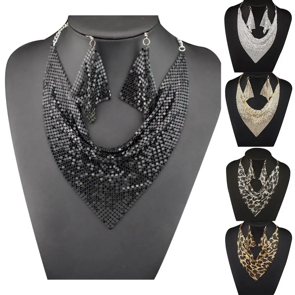 2Pcs/Set Women Triangular Scarf Choker Necklaces Earrings Sequins Charm Statement Bib Necklace Earrings