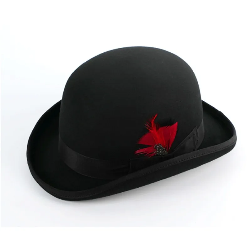 British Style Wool Felt Bowler Hat Billycock Bob Hat Bombin Derby Hard Felt Hats Rounded Crown for Men Women Vintage Black