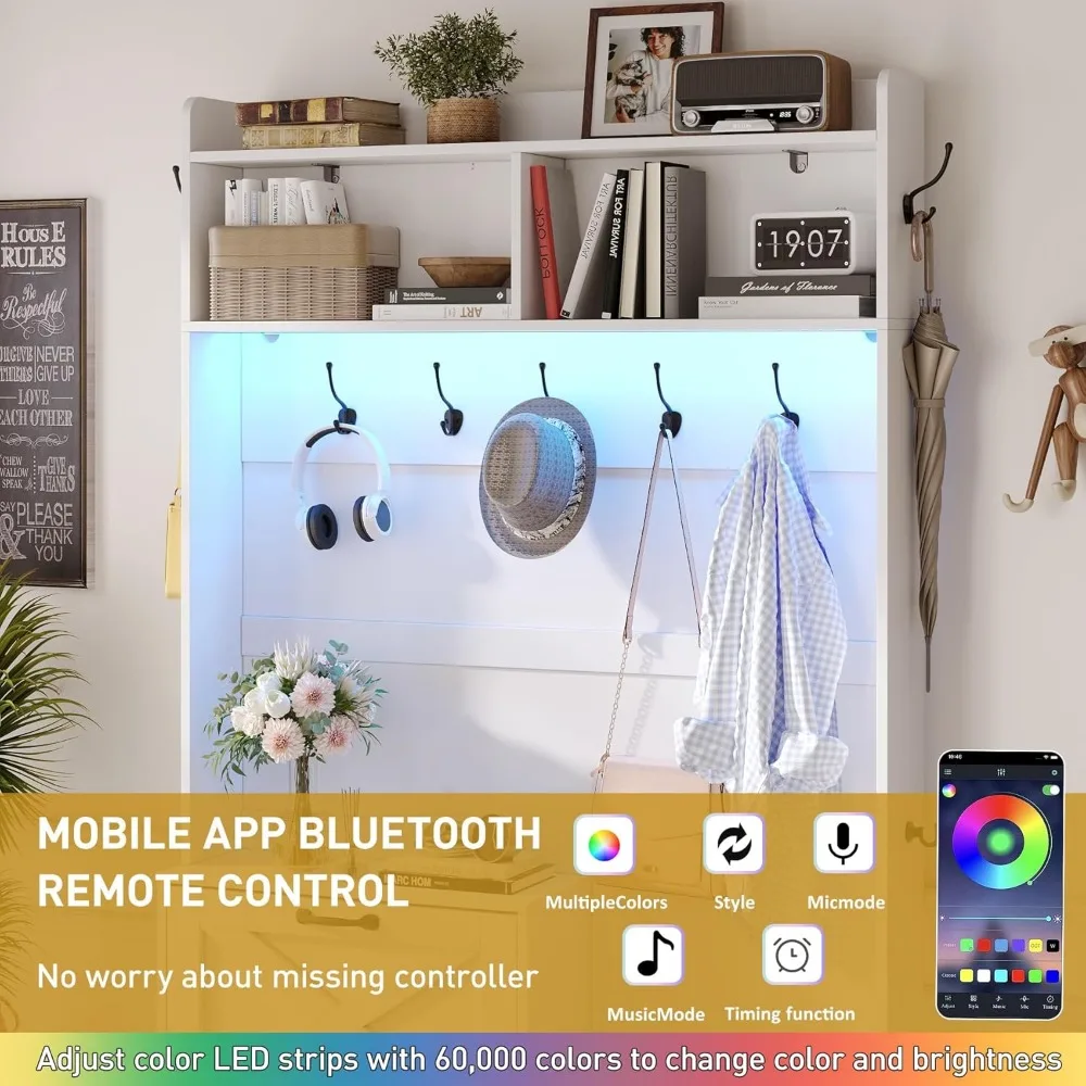 شجرة القاعة مع مساحة تخزين للأحذية، مقعد المدخل، رف المعاطف، أضواء LED، 78 طويلًا، 9 خطافات، تصميم يدوم طويلاً