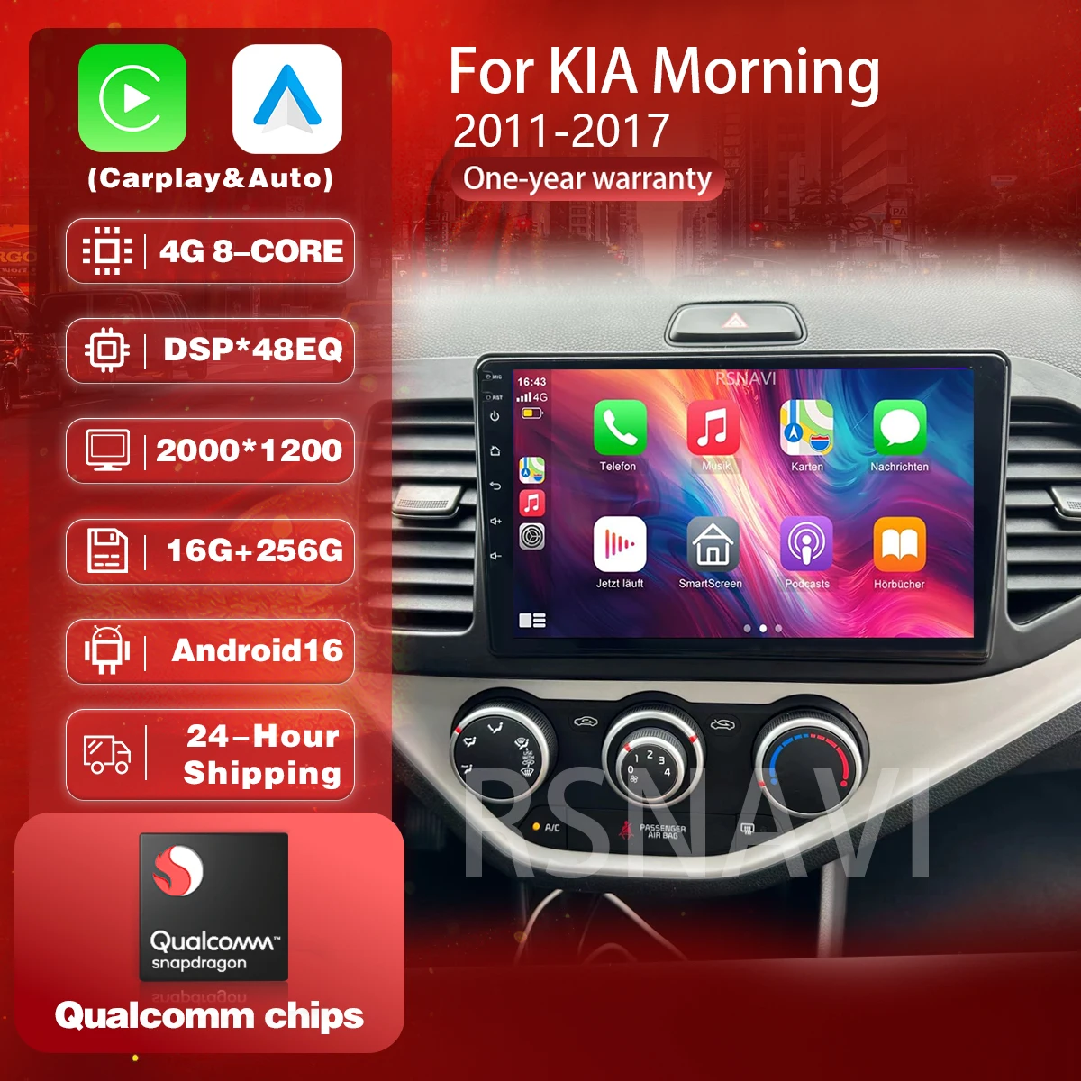 Plug and Play Android 16 wifi+4G Carplay AUTO Car Radio For KIA PICANTO Morning 2011-2016 Navigation GPS Video Stereo Multimedia