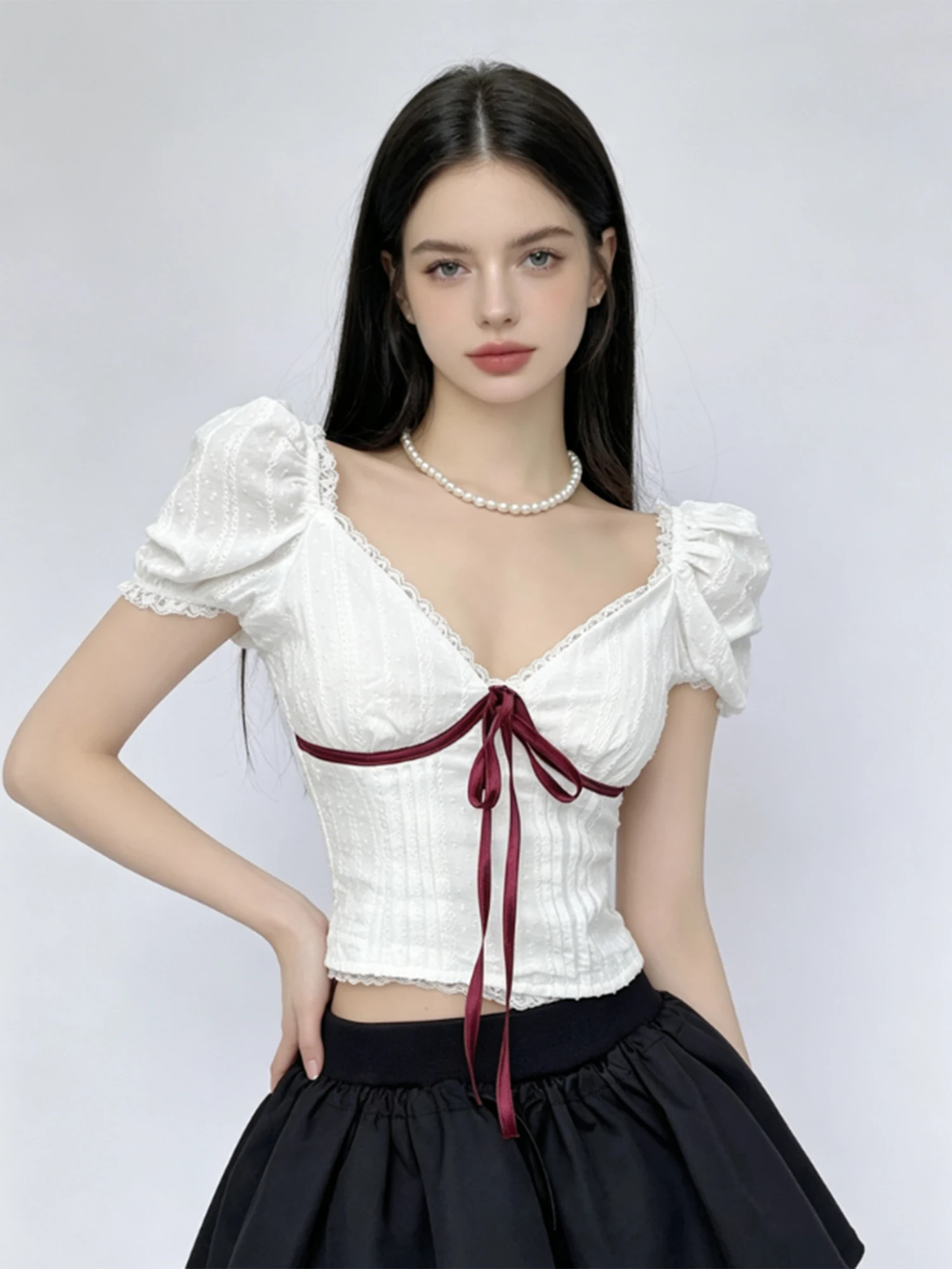 

Women's White Y2K Gyaru T-shirt Short Sleeve Tee Top Bow Lace Patchwork V-Neck Puff Sleeve T-shirt 2000s Vintage T-shirt Summer