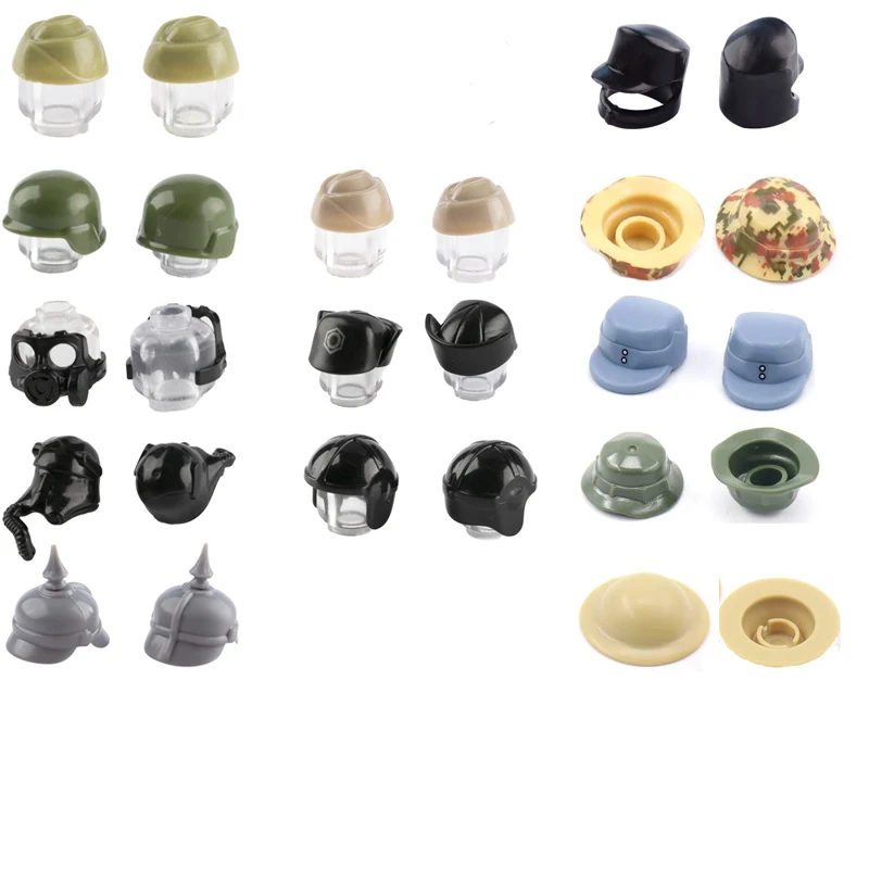 10pcs WW2 MOC Soldier Trooper Helmet Hat Gas Mask city Police SWAT Hat cap building block Military Weapon Army Accessory toys