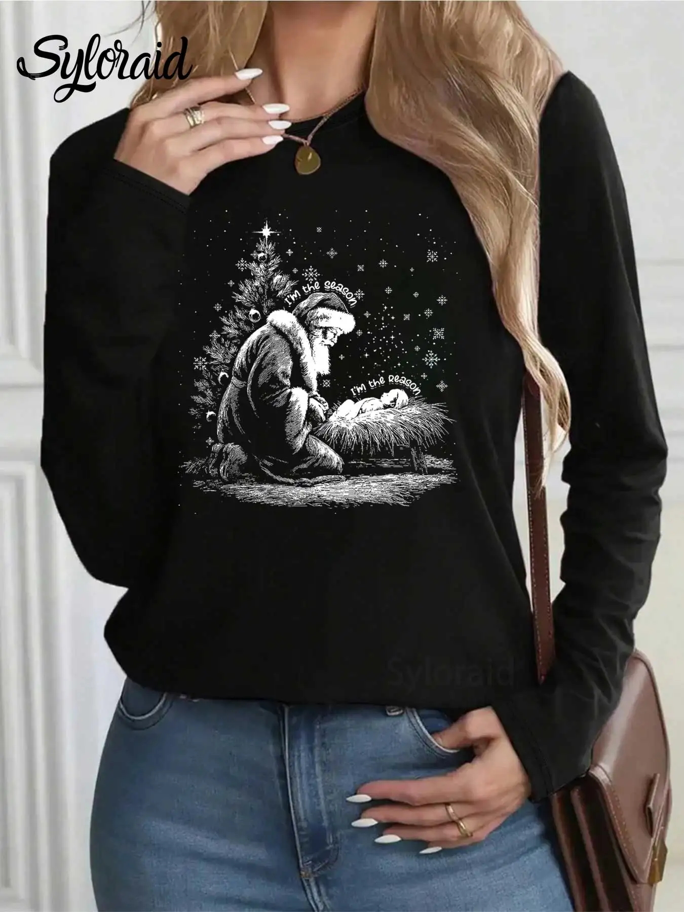 여성용 긴 소매 티셔츠 크리스마스 기독교 산타 예수 성탄절 프린트 티셔츠 패션 라운드 넥 캐주얼 탑