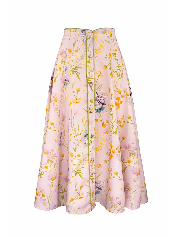 

JUNGLE ME Retro High Waist Floral Print Elastic Waist Midi f Skirt Color Blo A-Line Skirt Ele Summer Season Faion