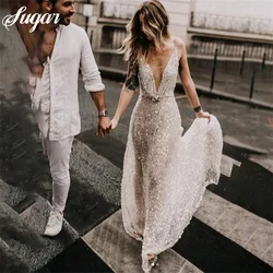 Rotterdam-Robe de Mariée en Dentelle à Paillettes, Dos aux, Col en V, Bretelles Spaghetti