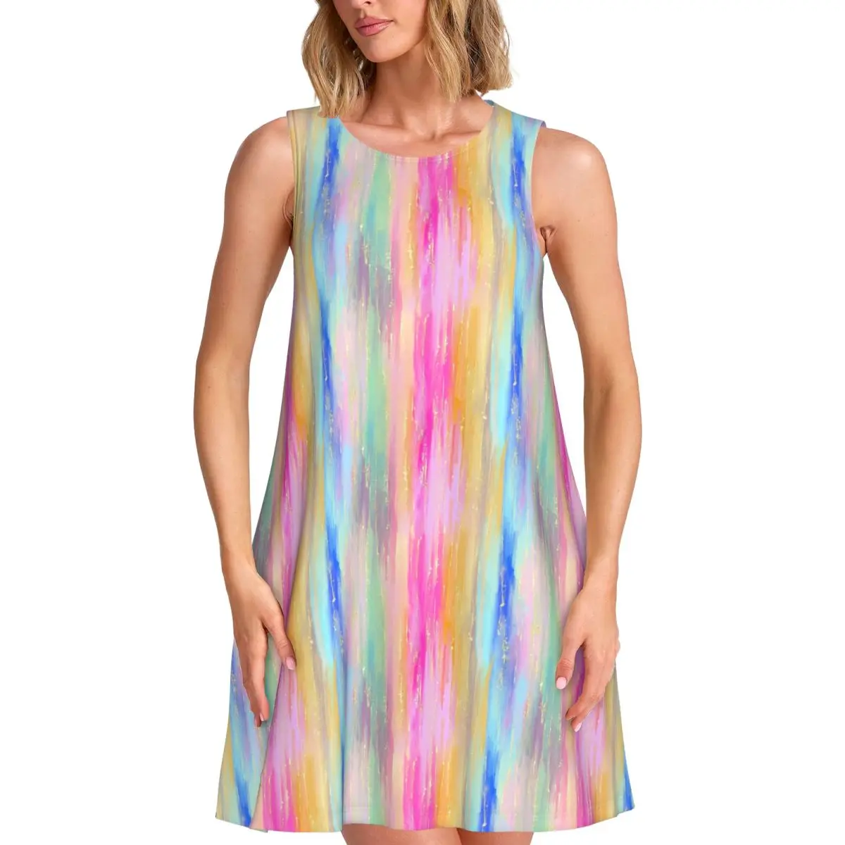 

Свободный сарафан Rainbow Tie Dye на заказ с карманным принтом абстрактного цвета, женское платье без рукавов для пляжного отдыха, платье