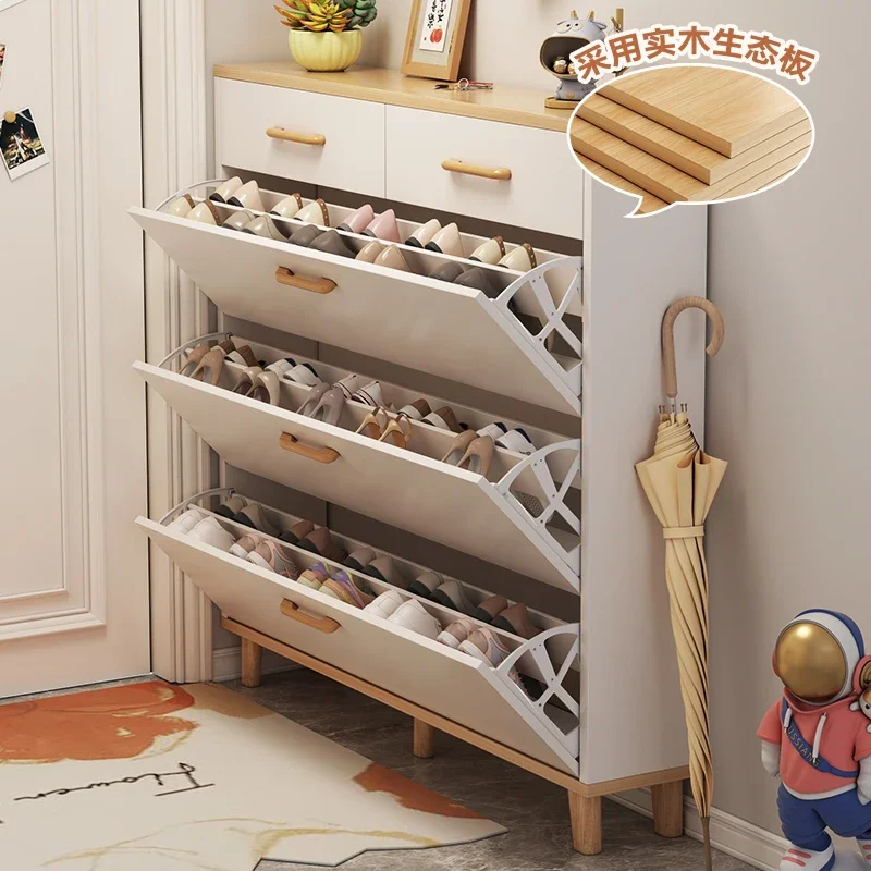 Solid wood core tipping bucket shoe cabinet household door against the wall small narrow ultra-thin shoe rack