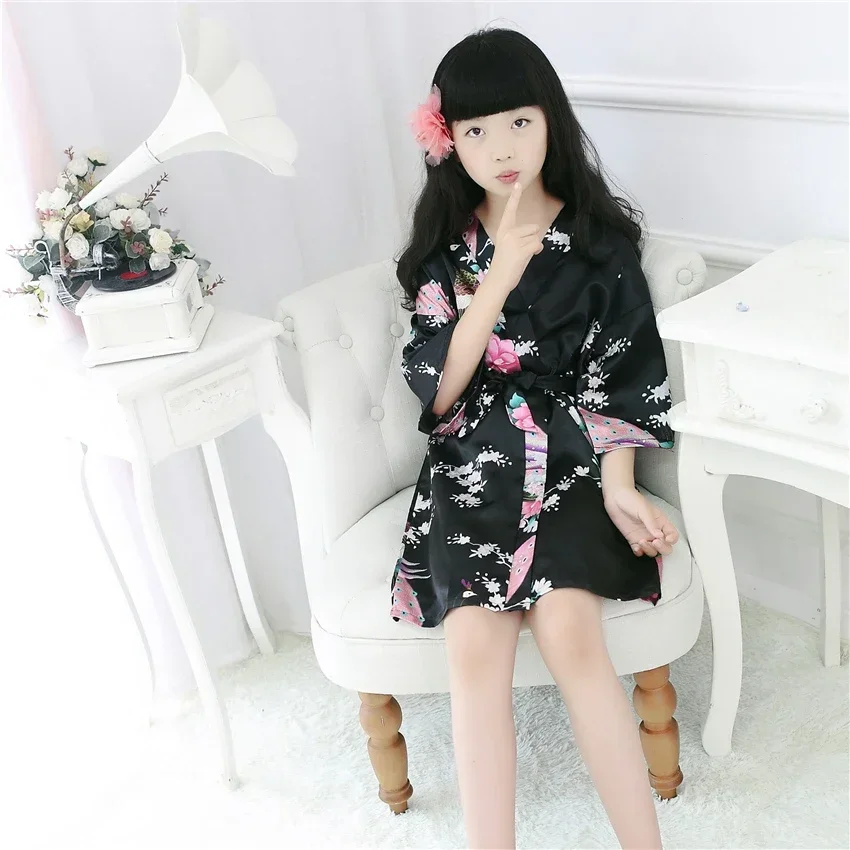 9Color Traditional Japanese Kimono Clothing for Girls Wedding Bridesmaid Peacock  Pajamas Kids Silk Asian Sleepwear