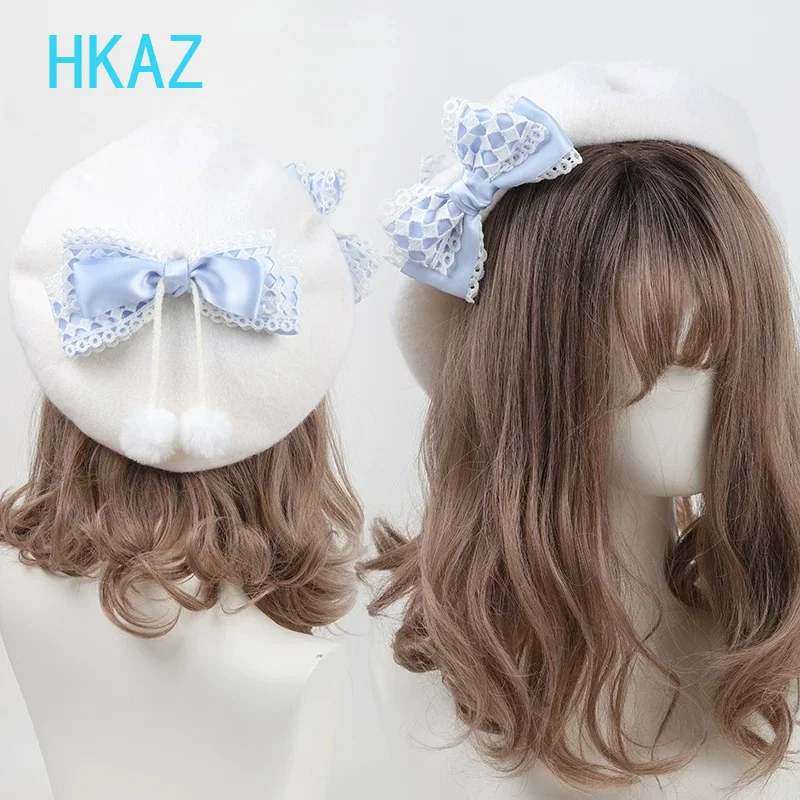 White Bow Beret Original Lolita Sweet Cute Girls Caps Japanese Handmade Women's Spring Autumn New Original Versatile Bow Hat