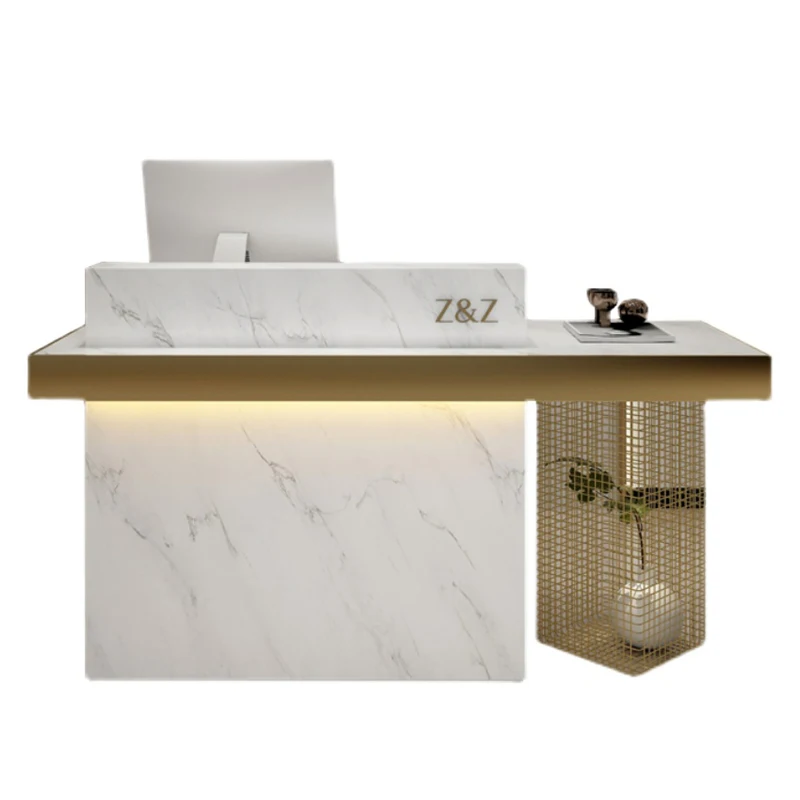 custom.White Marble Reception Desk Table Front Counter Stainless Steel Feet Flower Pot Design Bar Reception Desk