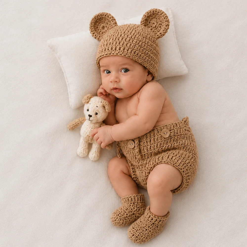 4-Color Newborn Baby Crochet Photography Outfit Set, Bear Ear Hat, Diaper Cover Shorts & Booties Handmade Knit Photo Shoot Props