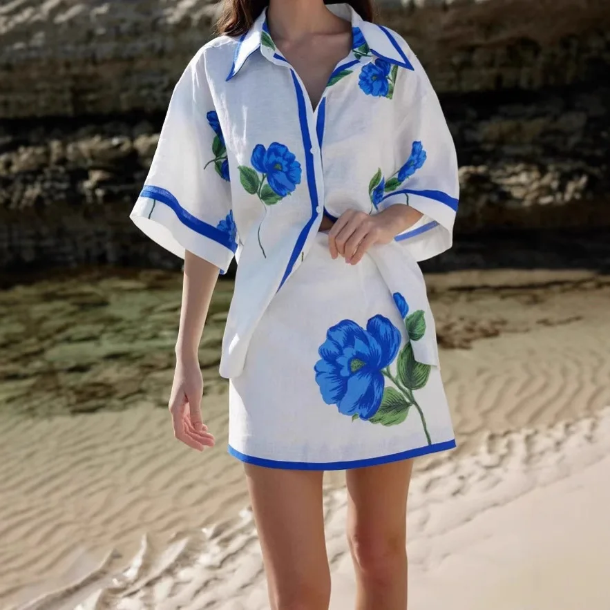 

2025 New 2-piece Set For Women's Blue Flower Print Single-breasted Shirt And High-waist Mini Skirt Suit Women's Casual Line Set