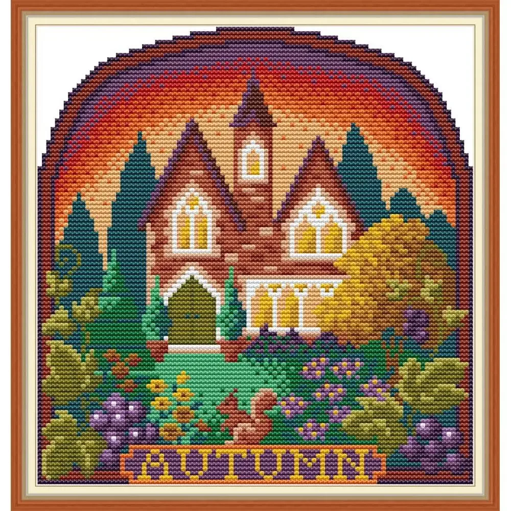 Joy Sunday Pre-printed Cross Stitch Kit  Easy Pattern Aida  Stamped Fabric Embroidery Set-Autumn Cottage