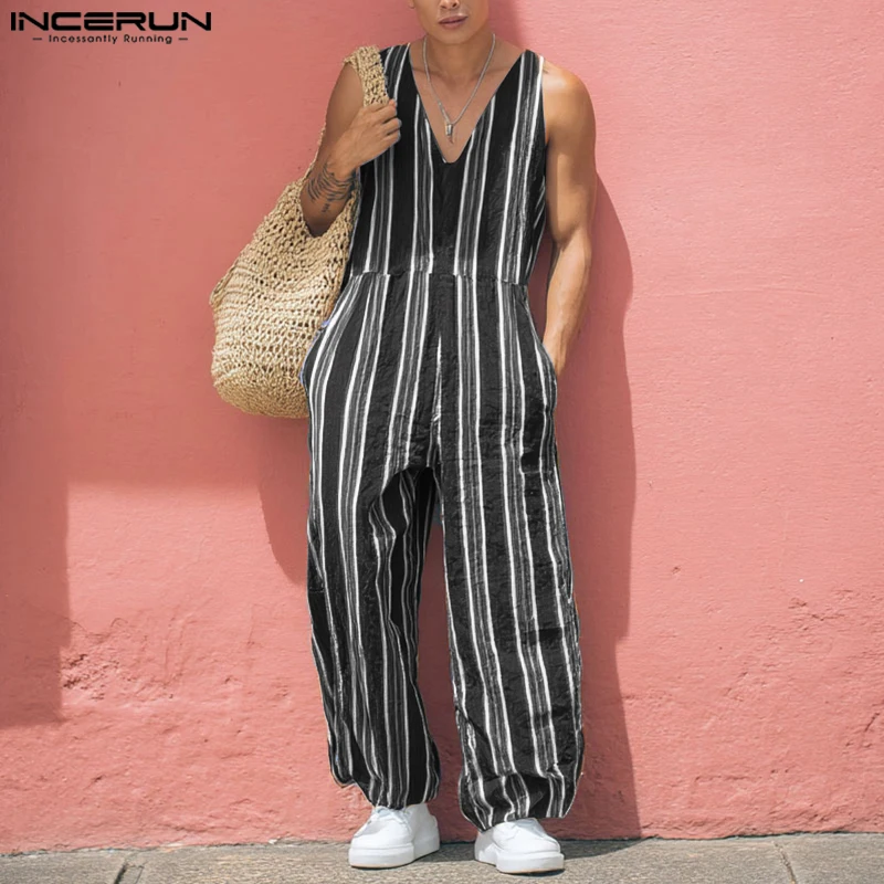 INCERUN Jumpsuit Pria Bergaris Kerah V Tanpa Lengan Romper Pria Kasual Pakaian Jalanan Longgar Liburan Musim Panas Fashion Overall Pria S-5XL