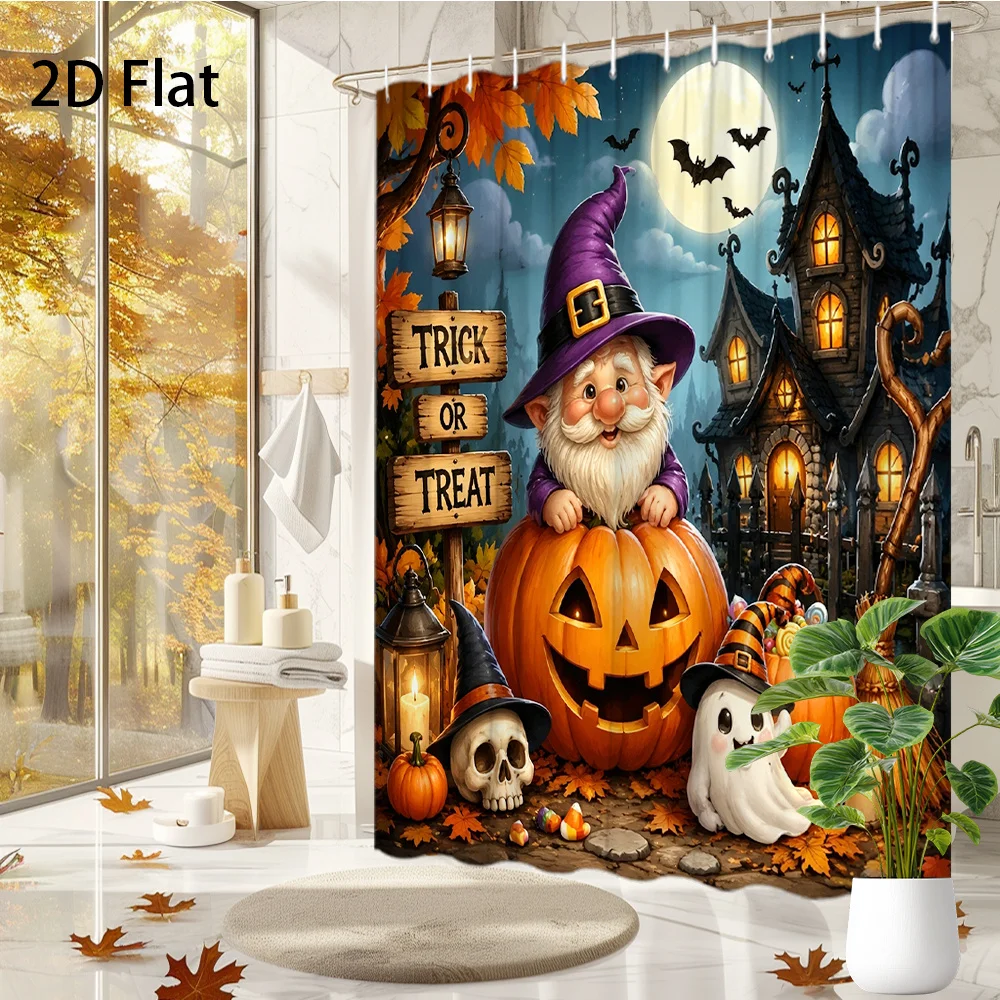 Funny Gnome Shower Curtain, Trick or Treat Sign & Pumpkin Print Waterproof Bathroom Decor, Spooky Halloween Home Bath Screen