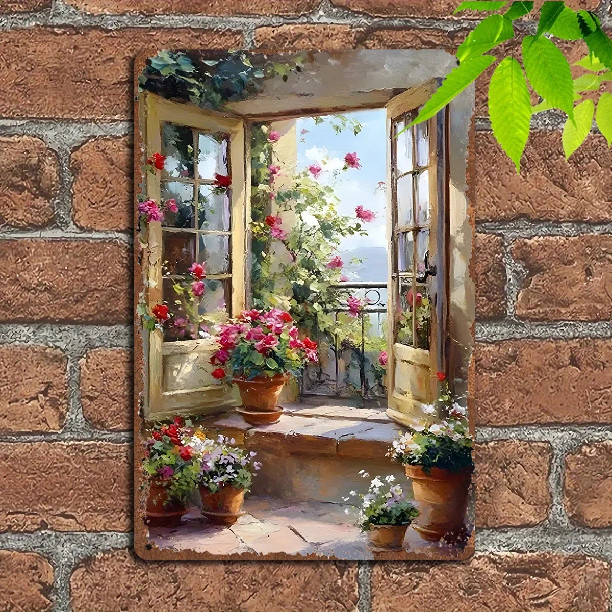 Vintage French-Style Balcony Garden Metal Wall Decor Sign – Rustic Floral Pattern Window Wall Decoration, Suitable for Living Room and Bedroom