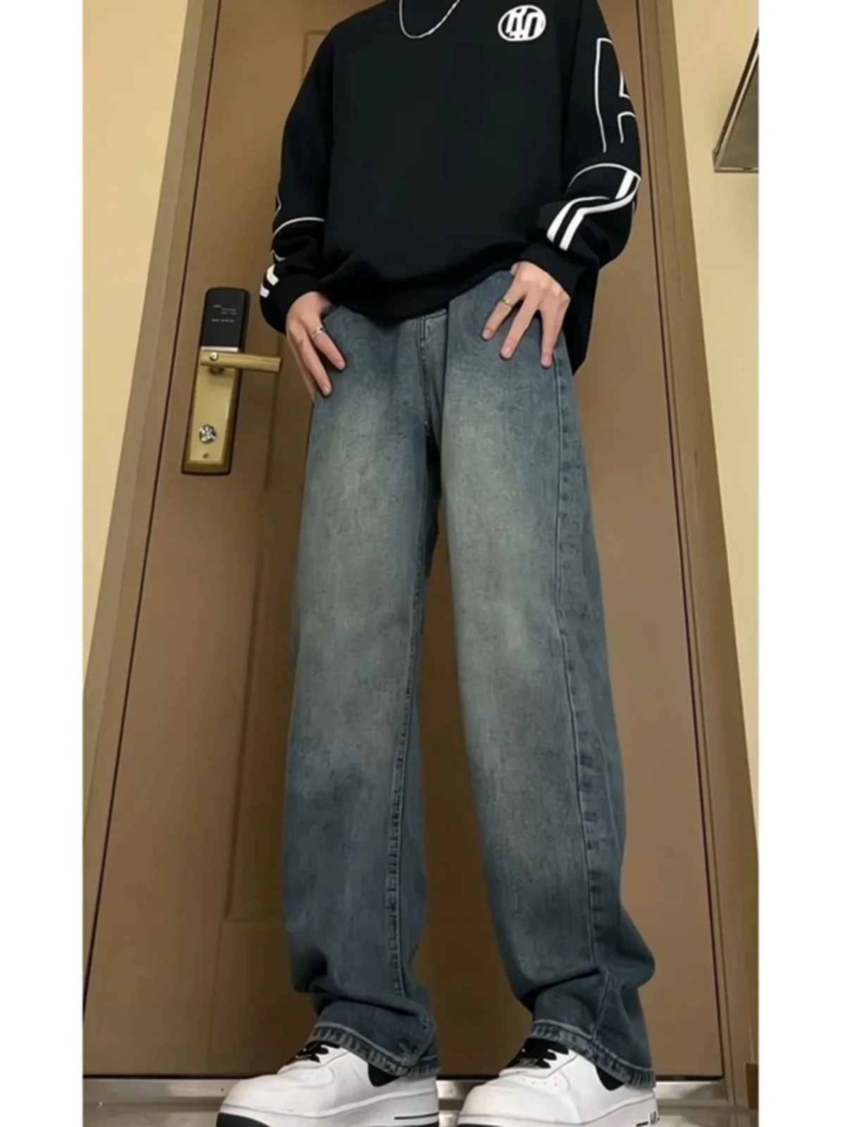 

Мужские джинсы American High Street: винтажные широкие брюки с эффектом потертости, прямые свободные брюки Cleanfit для весны