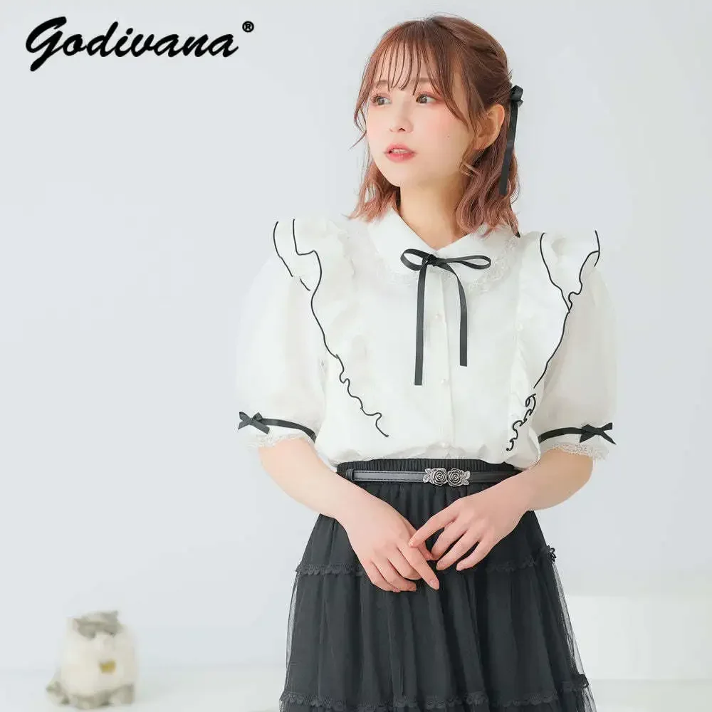 

Japanese Sweet Summer Blouse Shirt Ladies Elegant Lace Mesh Patchwork Bow Wooden Ear Short Sleeve Lolita Shirt Women Tops