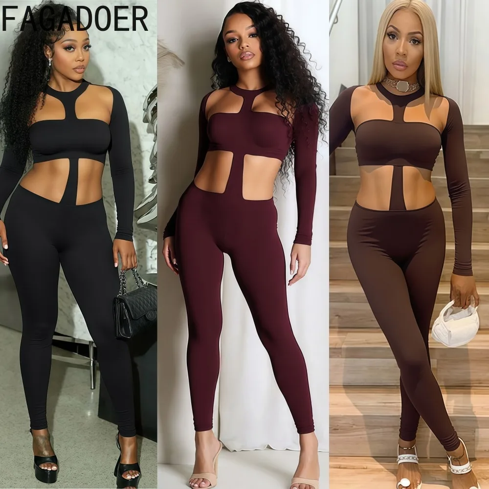 

FAGADOER Sexy Hollow-out Bodycon Jumpsuit Women Solid Color Long Sleeve Backless Rompers Female Streetwear Overalls 2025 New