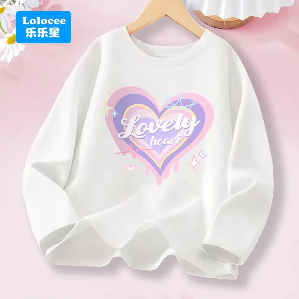 Kawaii Lovely Heart T-shirt for Girls - Cute Pink Purple Heart Print Long Sleeve Top, Kids Casual Cotton Basic Shirt