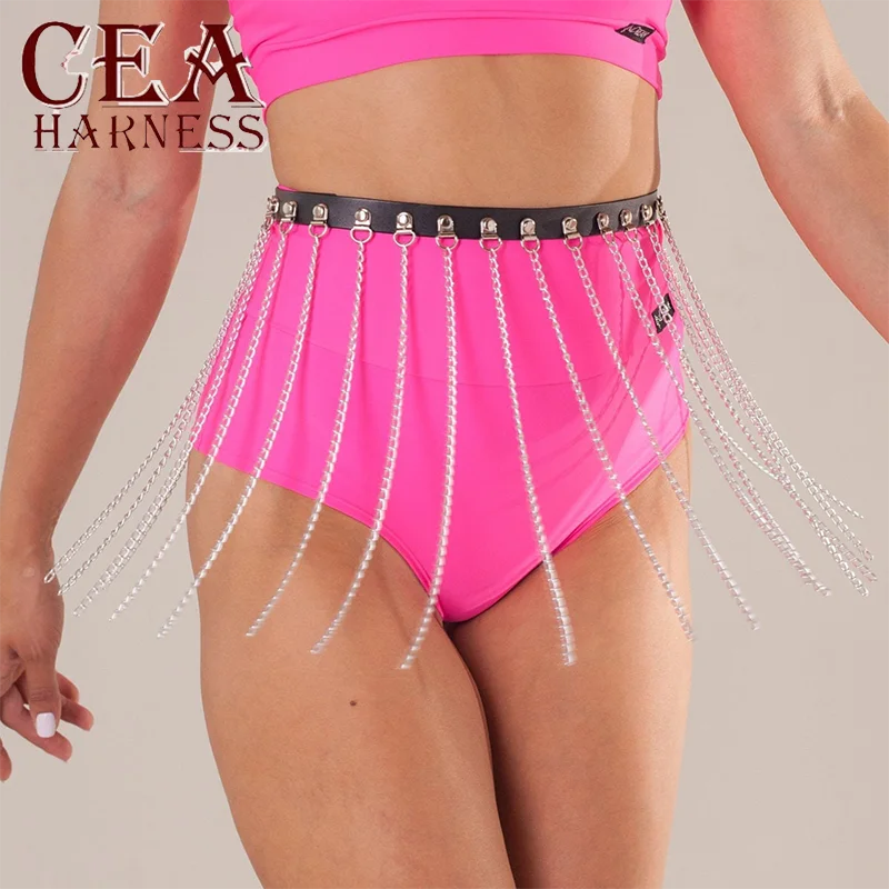 

CEA Black Leather Harness Chain Belt Goth Sexy Bdsm Body Chain Skirt Punk Strap Waist Thigh Harness Raver Garter Sword Belt