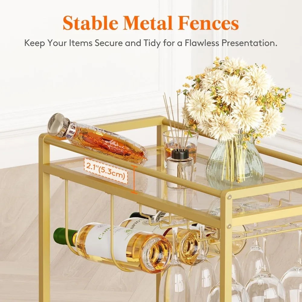 عربة تقديم بار منزلي مع رفين زجاجيين، عربة مشروبات دوارة بعجلات قابلة للقفل، رف زجاجي ونبيذ