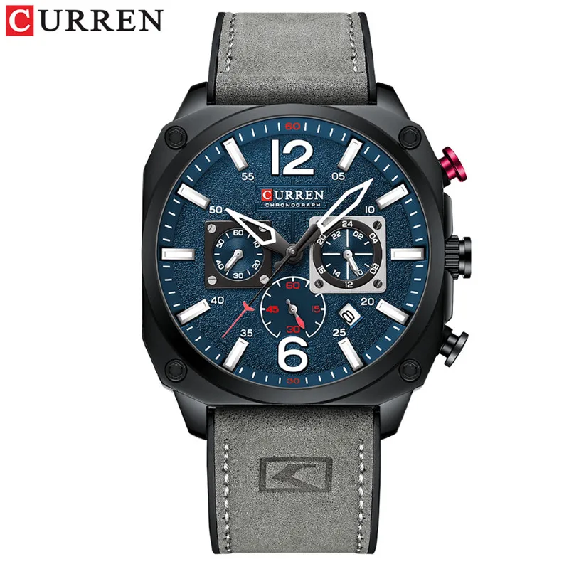 

Fashion Curren Top Brand Chronograph Man Calendar Sport Men Watch Military Luxury Grey Genuine Leather Male Clock Gift 8398