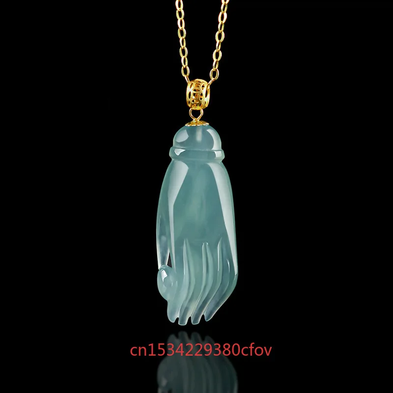 Real Natural Blue Water Jade Pearl on The Palm Pendant Necklace Carved Charm Jadeite Jewelry Fashion Amulet Gifts for Men Women