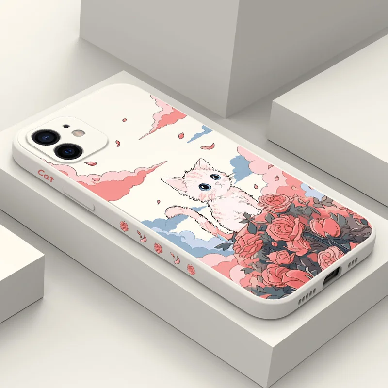 

Rose Cute Cat Phone Case For iPhone 12 11 X XR XS 8 7 SE2 Pro Max Plus Mini Liquid Silicone Soft Cover