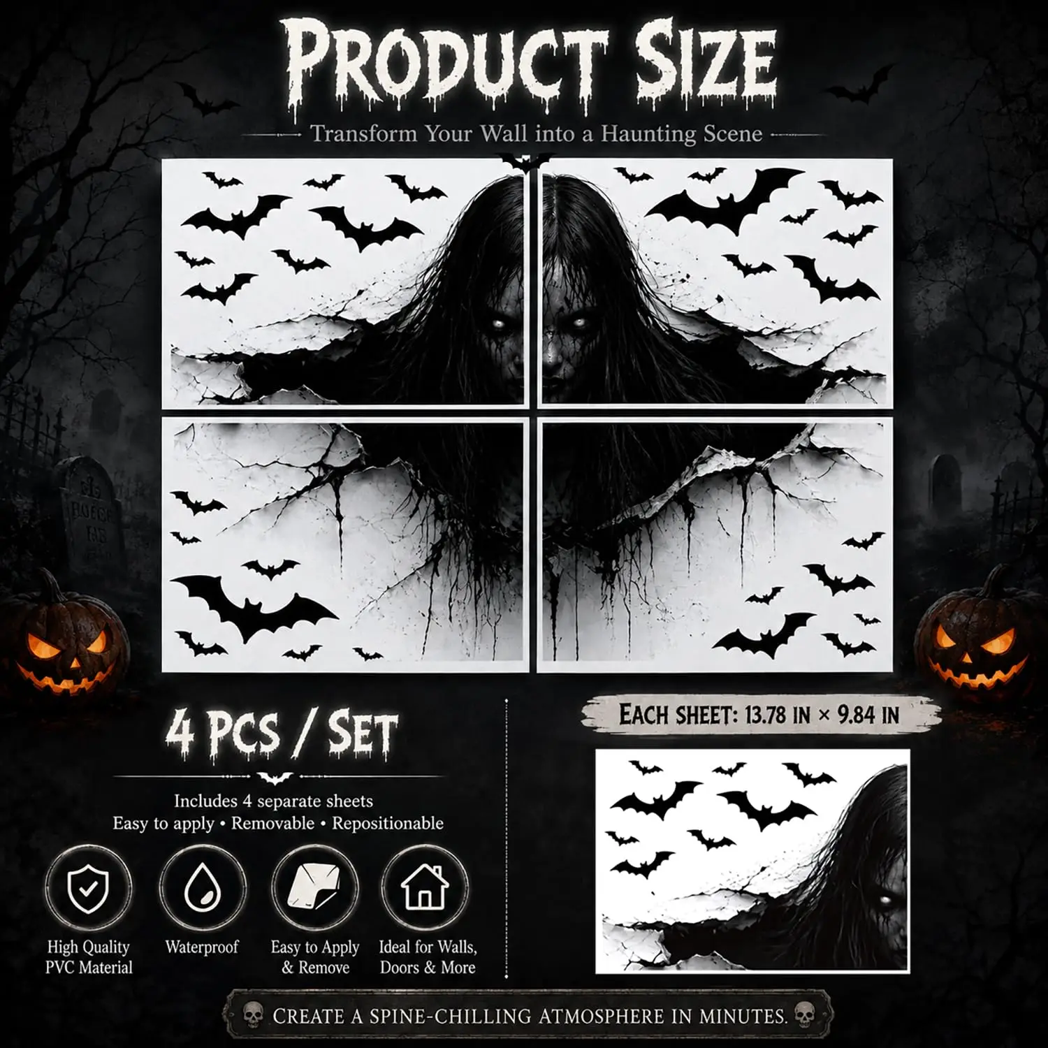 Halloween Ghost Wall Stickers Scary Woman Breaking Through Wall Decals for Home Party Haunted House Indoor 4PCS, Customized