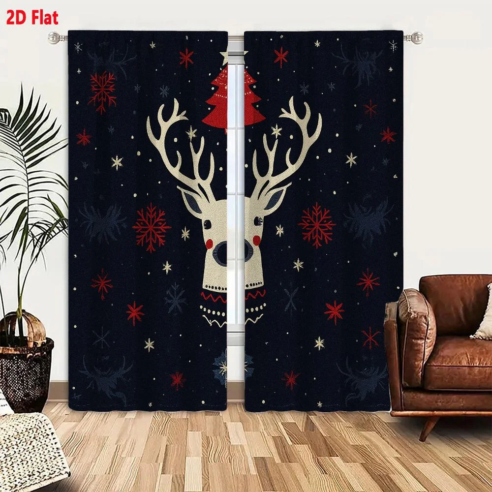 2Pcs Curtains 2D Flat Festive Reindeer Head With Sweater Collar And Christmas Tree On Navy Background Window Drapes for Bedroom