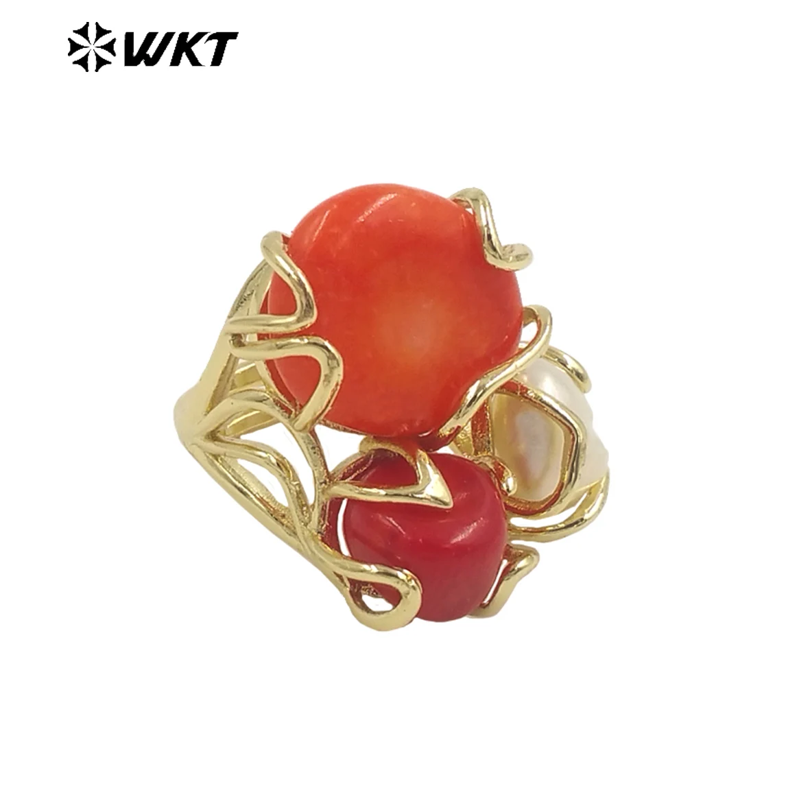 WT-MPR055 Exaggerated Multi-Element Gold Plating Red Coral Pearl Design Female Ring Cocktail Party Finding