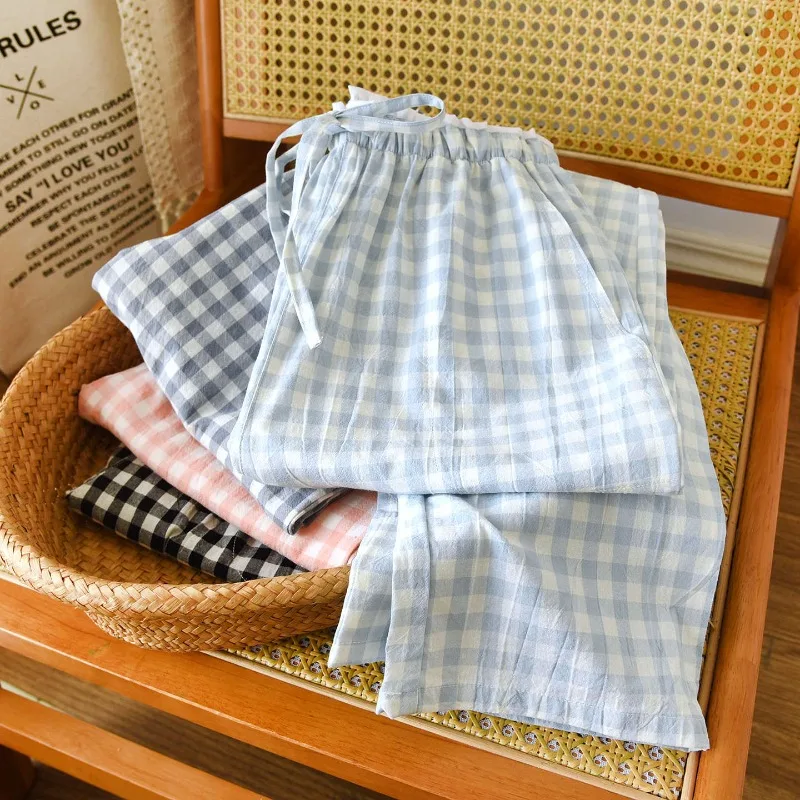 

2026 new women's sleepwear 100% cotton gauze lace checkered pants Japanese minimalist home pants bottoms womens sleepwear