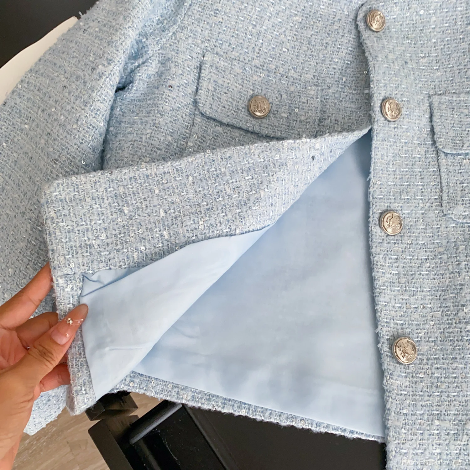 معطف مزاجه قفل معدني أنيق للنساء لخريف وشتاء جديد على الطراز الفرنسي سترات واحدة الصدر بجيوب ورقبة دائرية #5