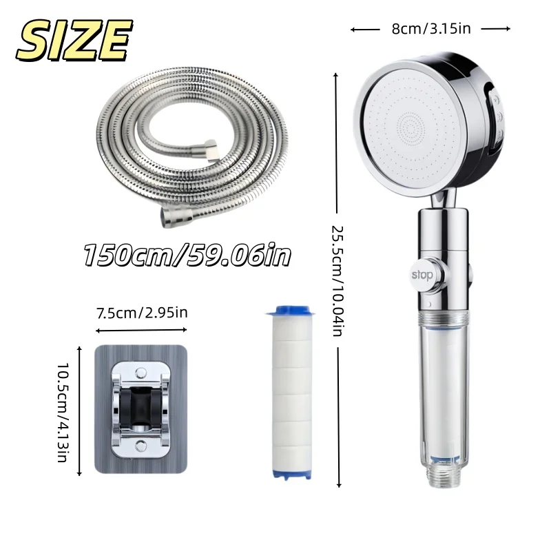 Visible Filter Window Handheld Shower 3 Modes 360° Rotate One-Click Stop 20/15/10 Filters Punch-Free Bracket Hose Home Use view 2