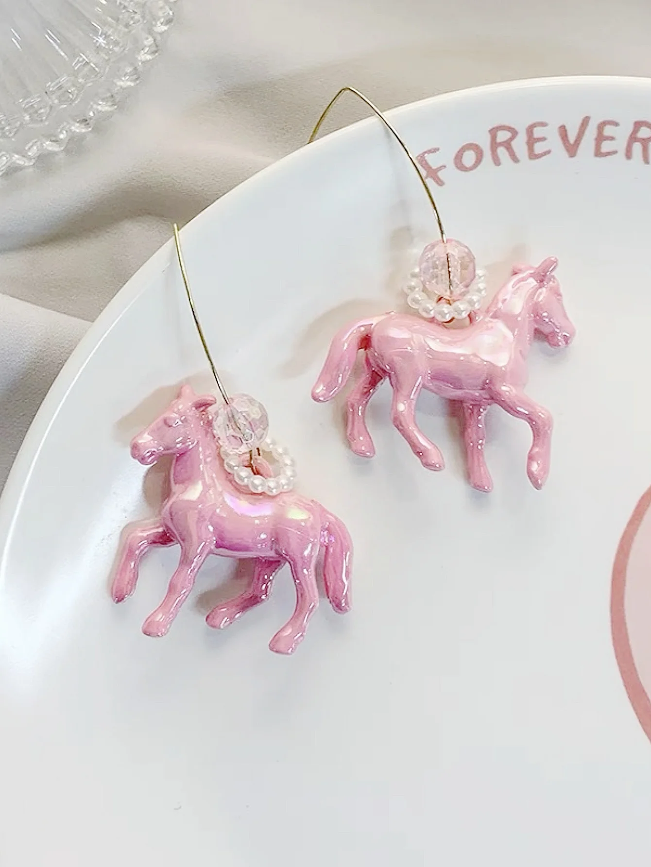 A Pair of Sweet and Lovely Dreamlike Colored Pearl Rose Playful Pink Pony V-hook Earrings